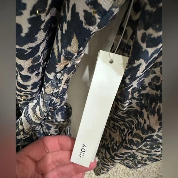 NWT Aqua Cocktail Dress Wrap Plunge Long sleeve Navy and Cream Animal Print - Picture 6 of 8